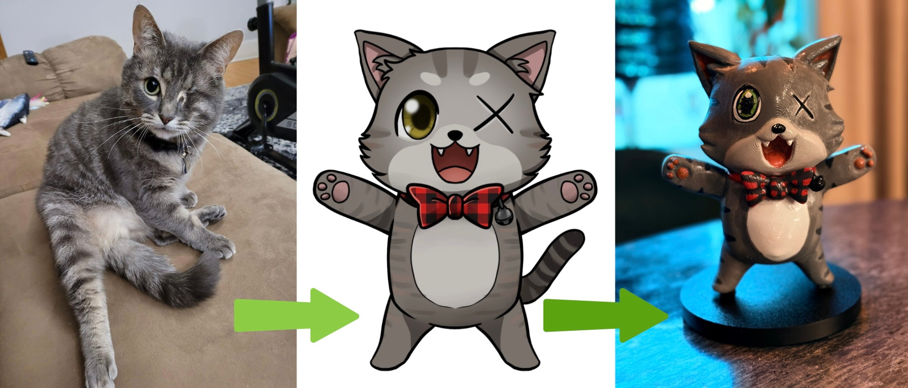 Transformation of a one-eyed grey tabby cat into a cartoon drawing and custom 3D printed sculpture, showing the step-by-step process from real pet to collectible figure.