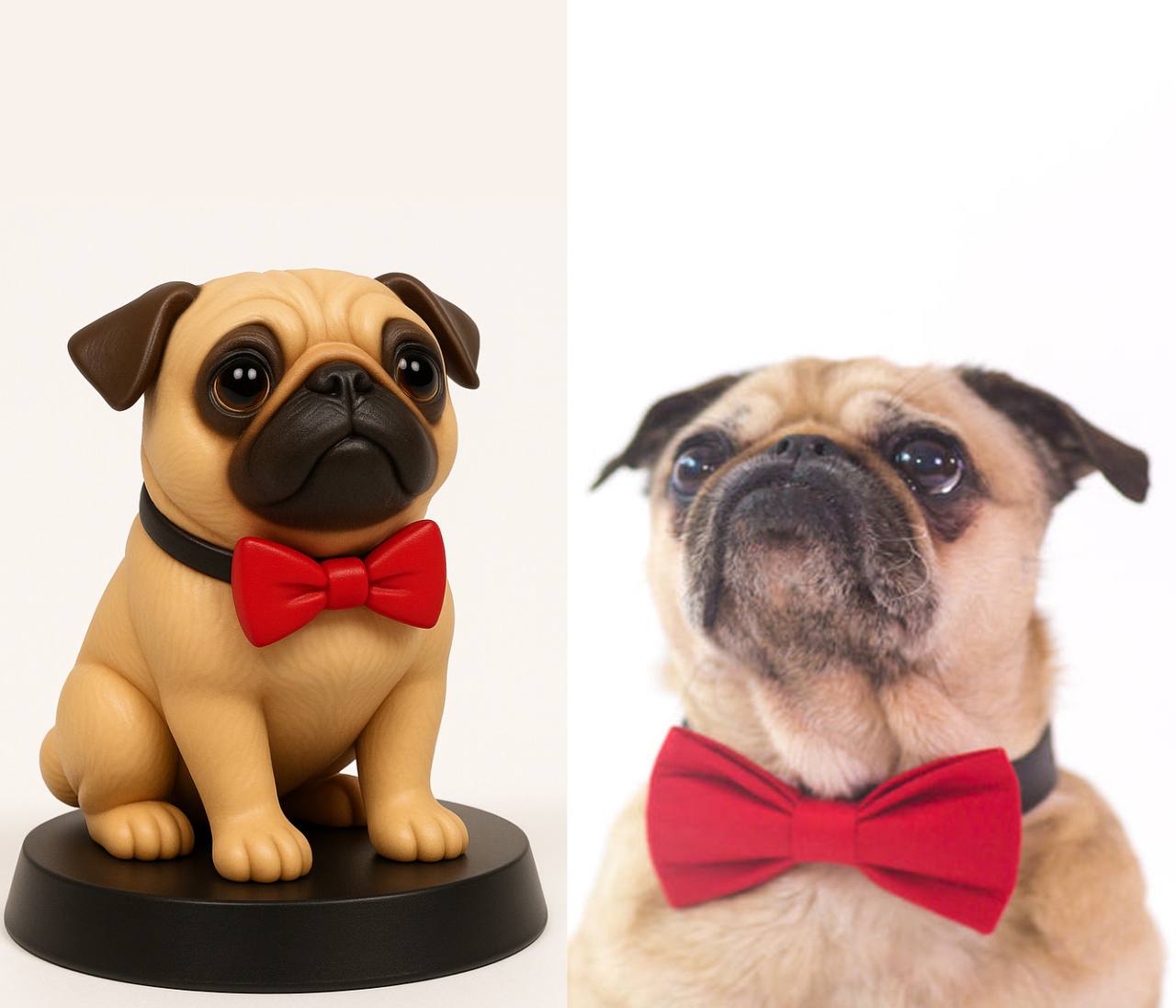 The image shows a photograph and a sculpture of a pug dog. Both the dog and the sculpture are wearing red bow ties and have a black collar.