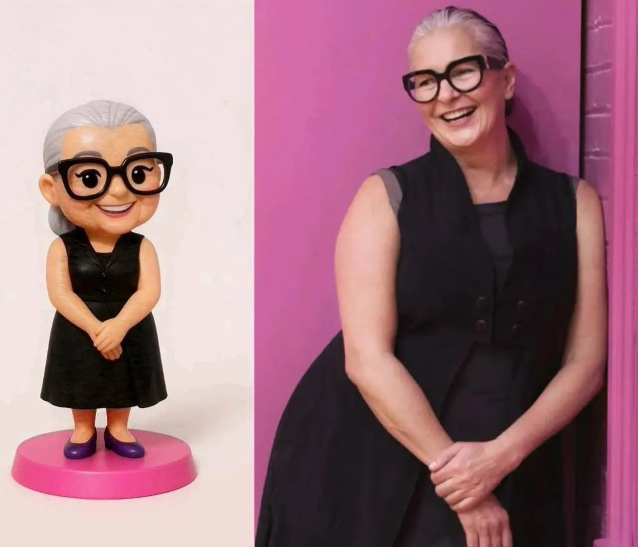 The image shows a 3D printed figure of a woman with grey hair, wearing glasses, a black dress, and purple shoes, standing on a pink base. The woman in the figure is depicted in a smiling pose.