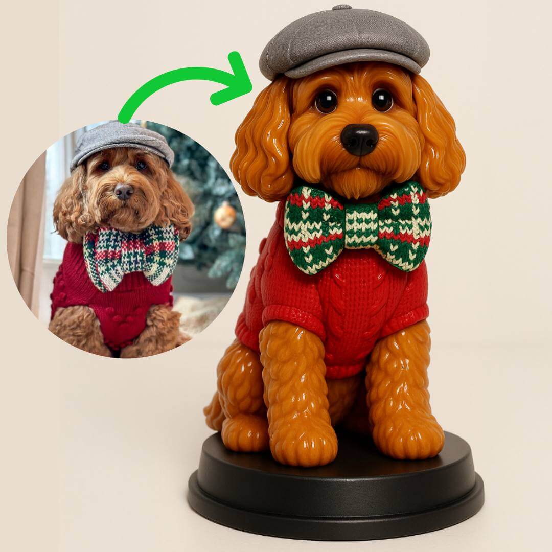 Load video: Video showing the process of creating a custom 3D-printed pet figure from a photo, including design, sculpting, and final painted model.